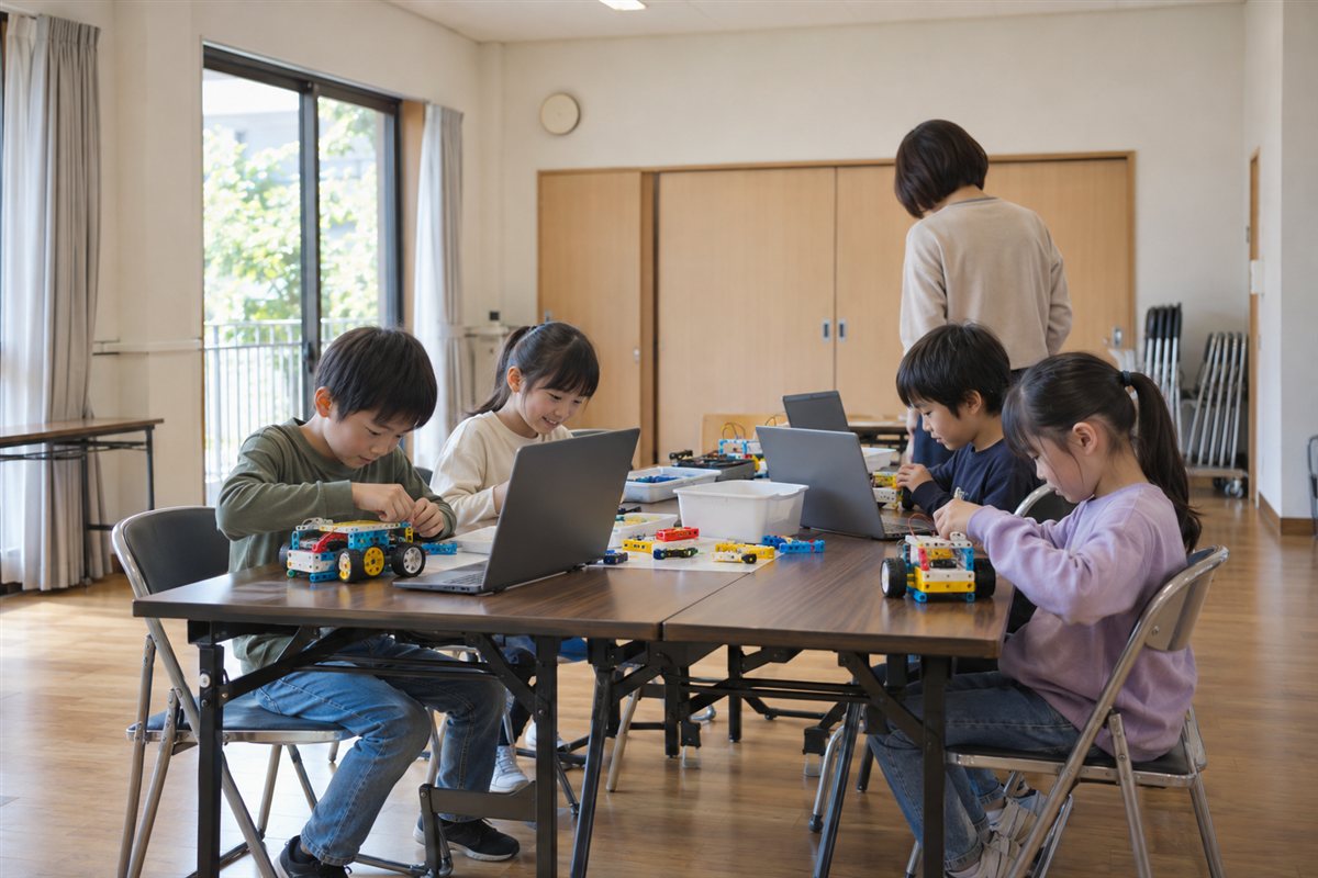 机でパソコンとブロックのロボットに取り組む子どもたち（イメージ）