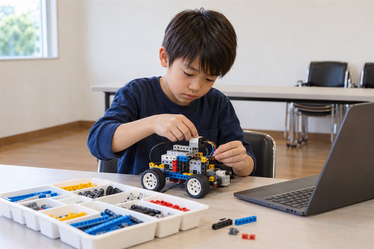 モーターとケーブルの付いたロボットを真剣に組み立てる子ども（イメージ）